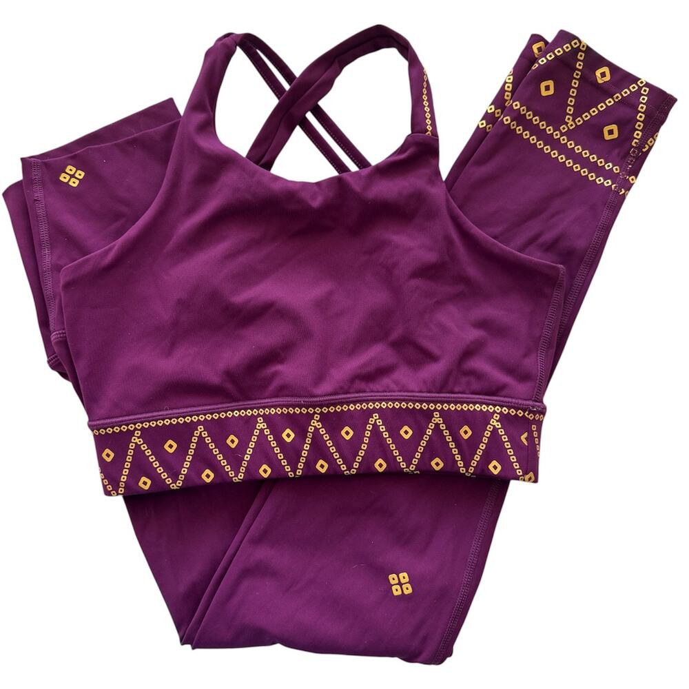 HoliYoga 2 Piece Matching Set Sports Bra Leggings Purple & Gold Accents Size S